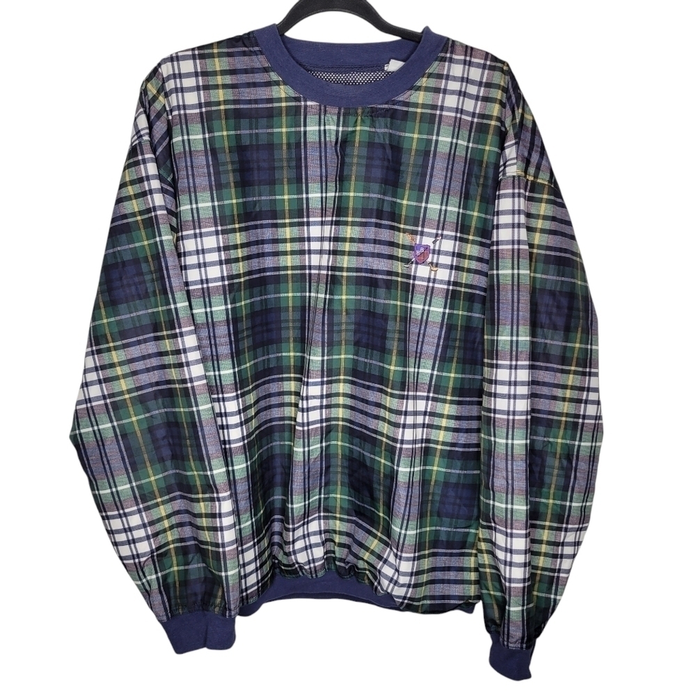 Vintage 90s Bugle Boy Plaid Golf Tartan Windbreaker Pullover in Green Blue Sz M